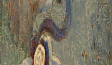 An Impressionist-style painting showing a woman in white period dress and a hat bending over to fish, holding a line in one hand. Swirls of turquoise can be seen depicting the natural world around her.