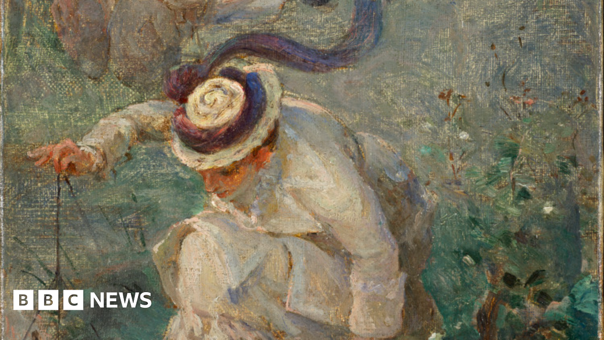 An Impressionist-style painting showing a woman in white period dress and a hat bending over to fish, holding a line in one hand. Swirls of turquoise can be seen depicting the natural world around her.