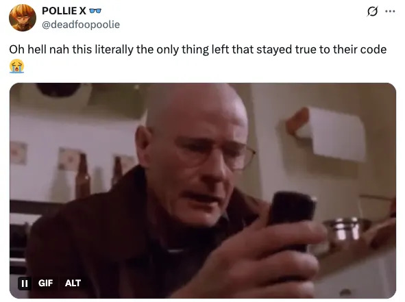 A person in a scene from a TV show looks at a phone with concern. Tweet caption suggests loyalty to original story