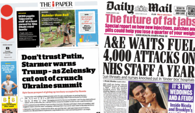 "Don't trust Putin, Starmer warns Trump - as Zelensky cut out of crunch Ukraine summit" reads the headline on the front page of The i Paper.