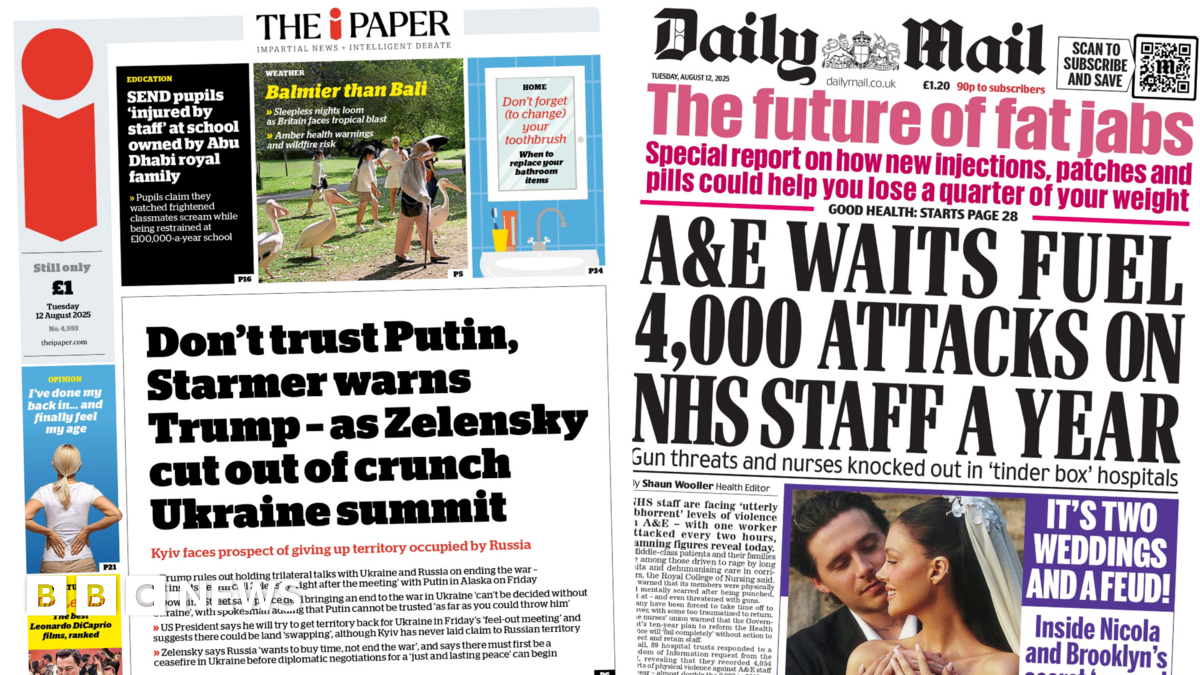 "Don't trust Putin, Starmer warns Trump - as Zelensky cut out of crunch Ukraine summit" reads the headline on the front page of The i Paper.