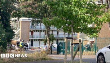 An area in front of a small block of flats is cordoned off with blue and white police tape. There is a police officer in a black hat and fluorescent yellow vest guarding the tape. A forensic officer in a full white suit is looking inside a black car