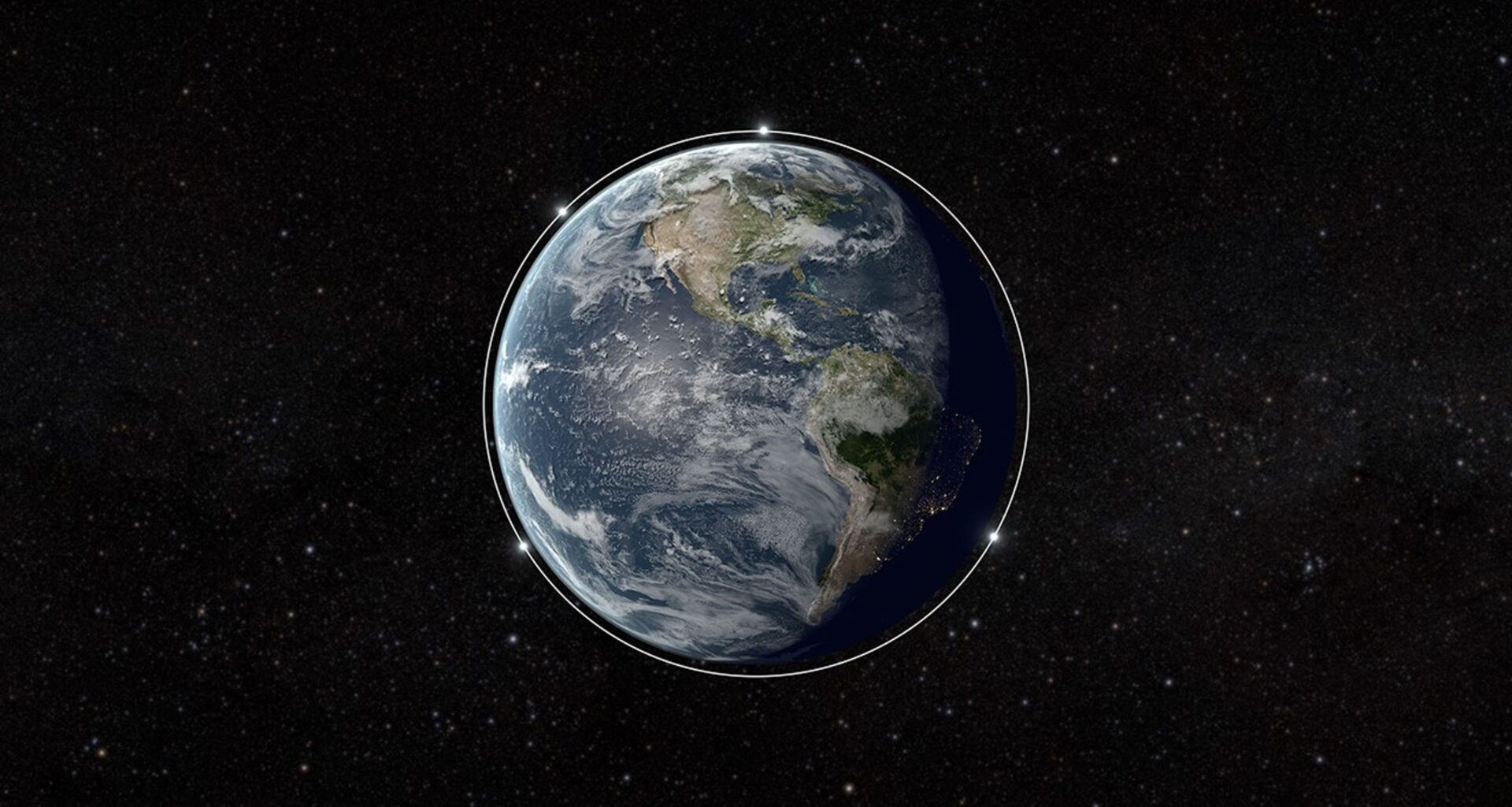 Earth surrounded by four white points of light.