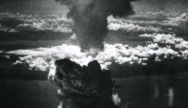 The mushroom cloud caused by the bombing of Hiroshima on August 6, 1945