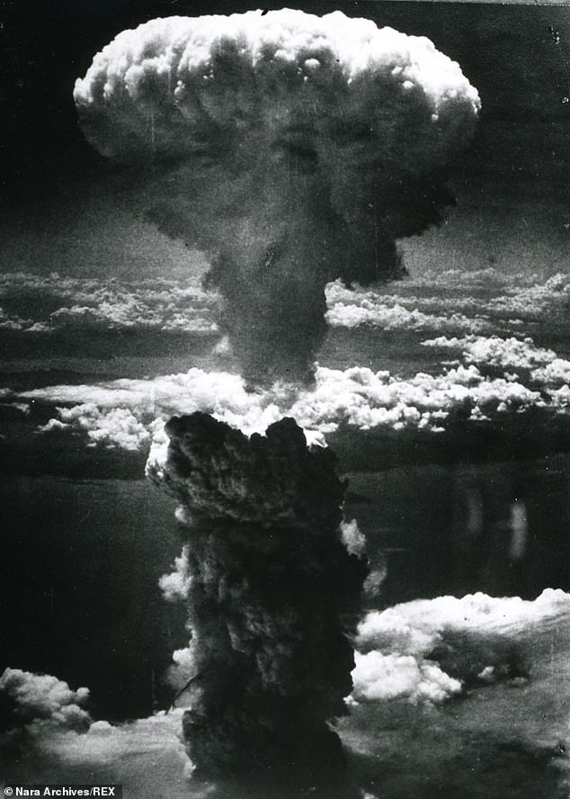 The mushroom cloud caused by the bombing of Hiroshima on August 6, 1945