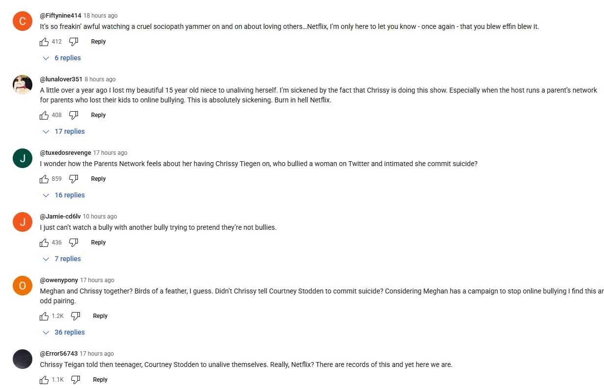 Screenshot of comments on With Love, Meghans Netflix trailer on YouTube