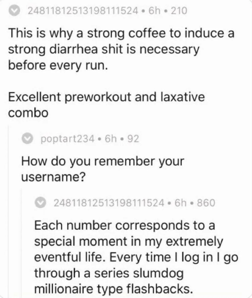 A Reddit discussion on usernames, featuring a humorous post about memorizing a username with each number linked to a personal memory