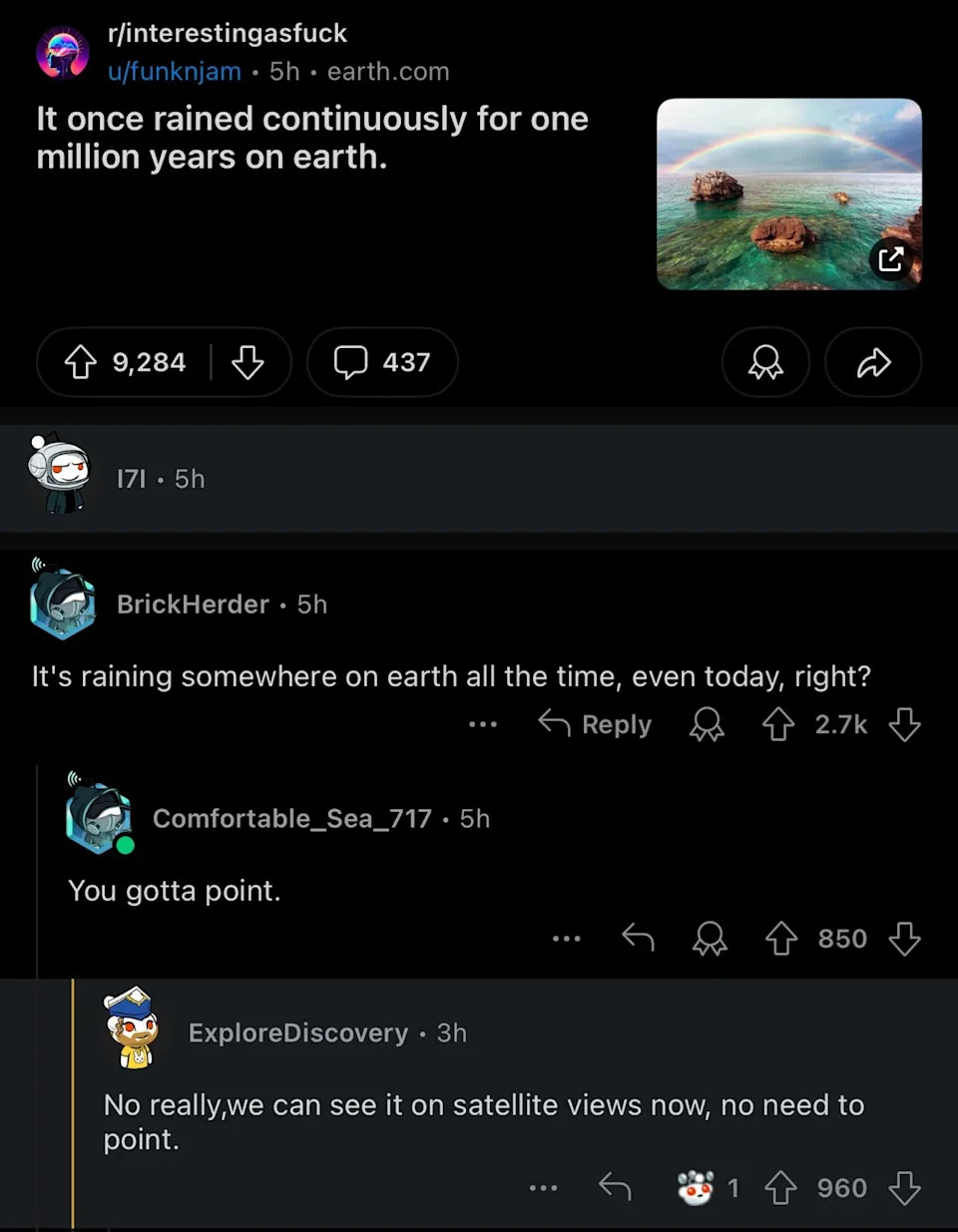Reddit conversation about Earth's rain history: It once rained for a million years, with comments on Earth's constant rain and visible satellite data