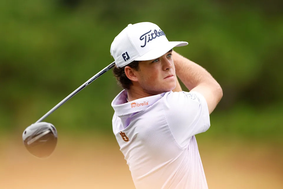 Jackson Koivun of the United States plays his shot from the 18th tee during the third round of the Wyndham Championship 2025 at Sedgefield Country Club on August 02, 2025 in Greensboro, North Carolina.
