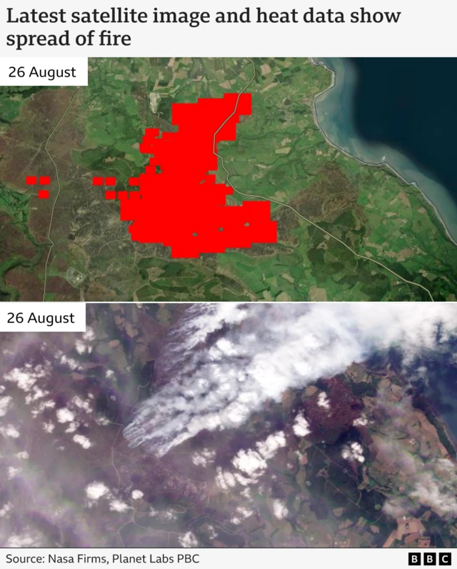The latest satellite image and heat data showing the spread of the fire