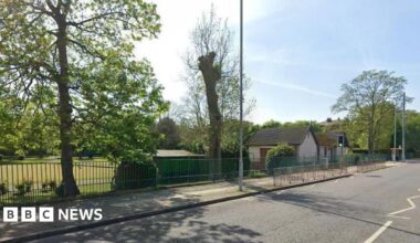 Google streetview of bowling green at Birkenhead Park behind the railings next to a road. It is surrounded by trees and a one-story building near a traffic light crossing.