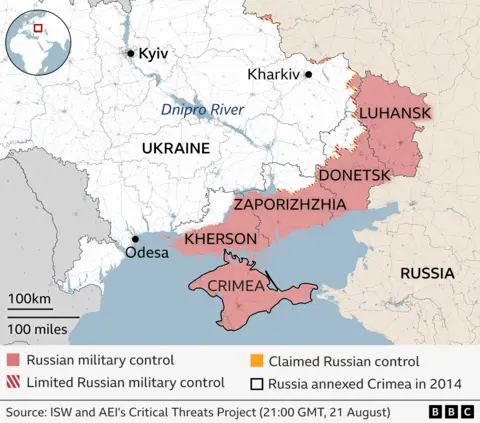 Map showing which areas of east of Ukraine are under Russian military control or limited Russian control highlighting the regions of Luhansk, Donetsk, Zaporizhzhia, Kherson and Crimea