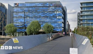 A screenshot from Google street view showing the metal bridge with thousands of small holes on either walled side. There are pedestrians and one cyclist crossing the bridge. In the background there is a large office building with lots of windows and blue panelling.