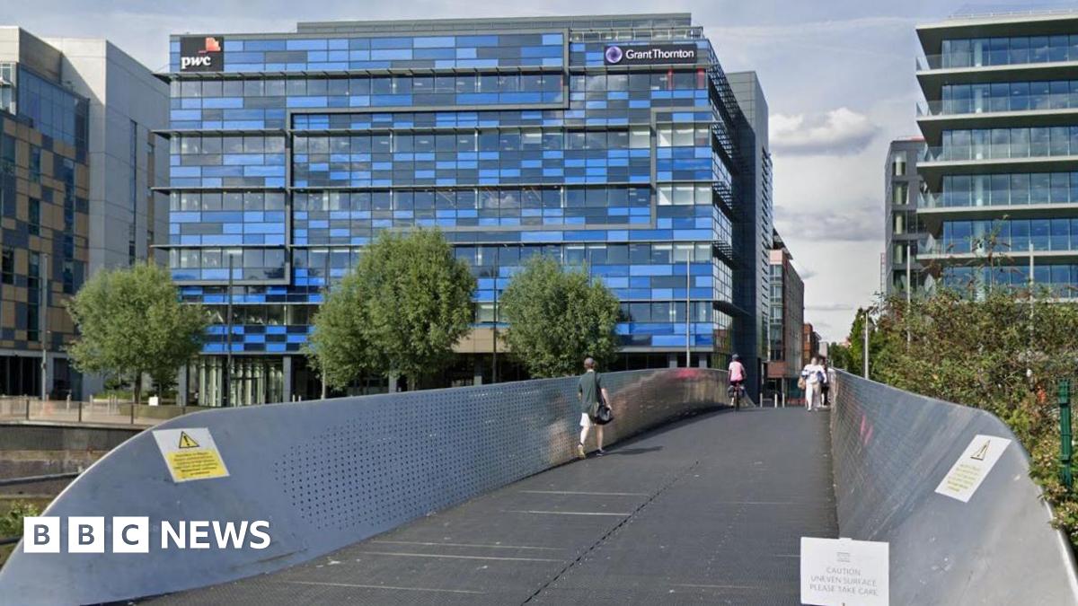 A screenshot from Google street view showing the metal bridge with thousands of small holes on either walled side. There are pedestrians and one cyclist crossing the bridge. In the background there is a large office building with lots of windows and blue panelling.