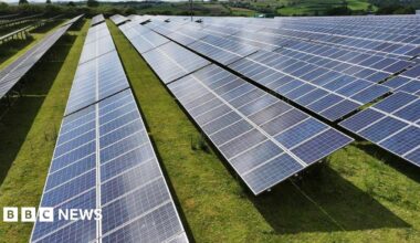 Stock image of a solar farm, with glass panels facing the sky and placed on fields in the countryside