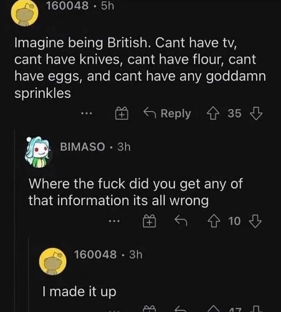 Comment thread joke about British restrictions; reply humorously points out inaccuracies