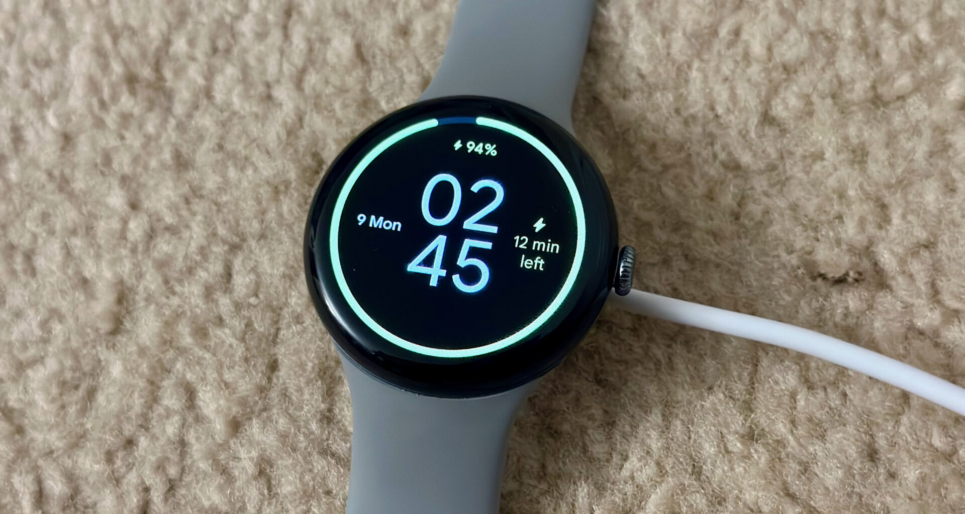The Google Pixel Watch 3, charging close to 100%