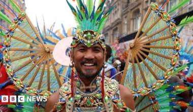 man at the carnival dressed up in green and blue feathers