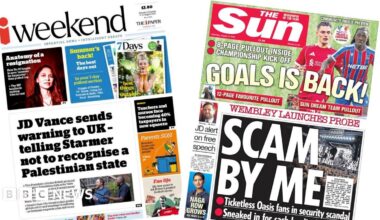 The headline on the front page of the i Paper reads: "JD Vance sends warning to UK - telling Starmer not to recognise a Palestinian state".
