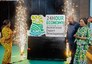 Minister of Trade (L), President Mahama and Vice President Naana Jane at a 24-Hour Economy event