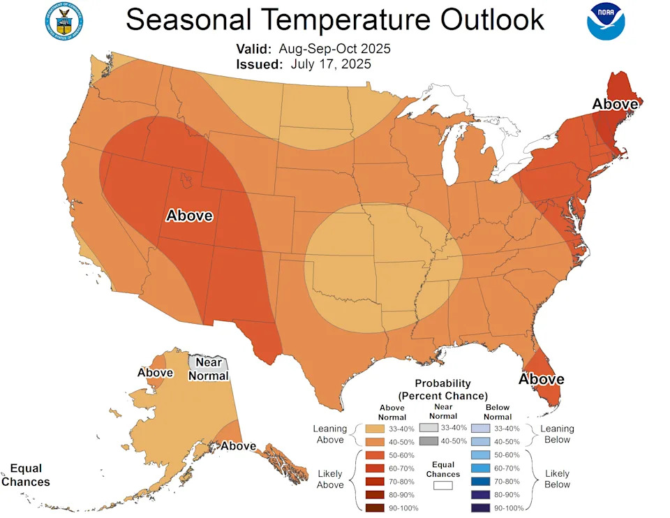 The forecast for August-October shows warmer-than-average temperatures are likely across most of the U.S.