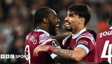 Michail Antonio (left) and Lucas Paqueta (right) celebrate together