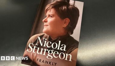A copy of a book with Nicola Sturgeon in side profile. The words Nicola Sturgeon are in white letters, with Frankly written beneath her name