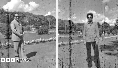 Two black-and-white photos of men looking into the camera. On the left, a man in a suit wears sunglasses and looks into the camera. On the right, a man with a moustache and sunglasses wears a suit and trousers. They are both standing in front of a garden with flowers and trees. The photos are spotted with black marks.