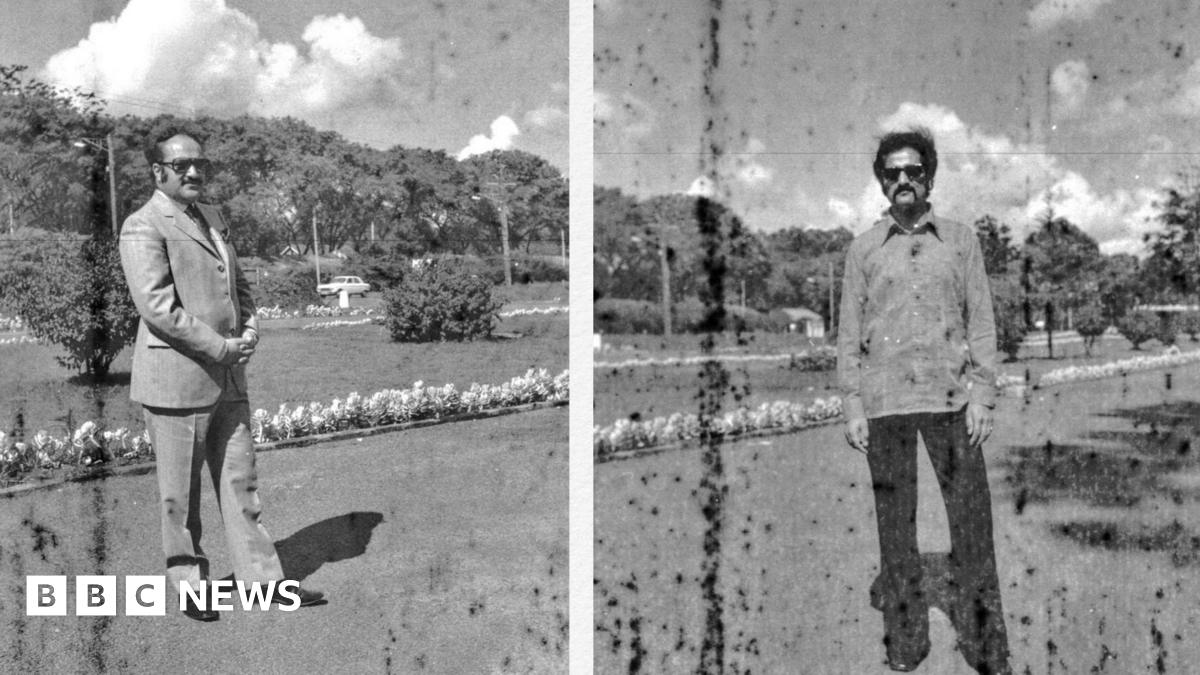 Two black-and-white photos of men looking into the camera. On the left, a man in a suit wears sunglasses and looks into the camera. On the right, a man with a moustache and sunglasses wears a suit and trousers. They are both standing in front of a garden with flowers and trees. The photos are spotted with black marks.