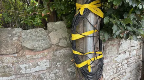 A roll of black plastic-coated wires have been stuck to a telegraph pole with yellow tape. The pole stands in front of a stone wall, with trees behind. 