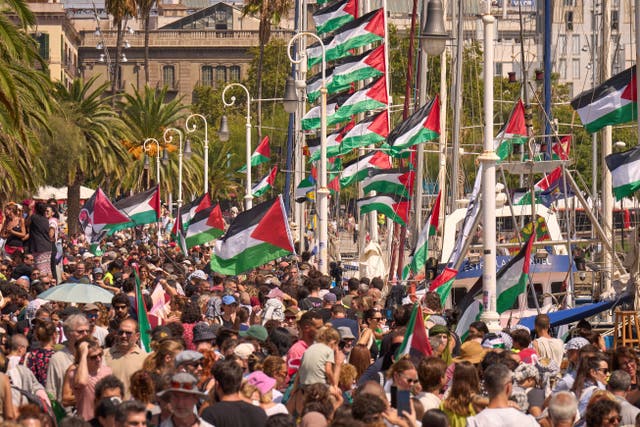 Large crowd of people on a dockside, with dozens of Palestinian flags being flown