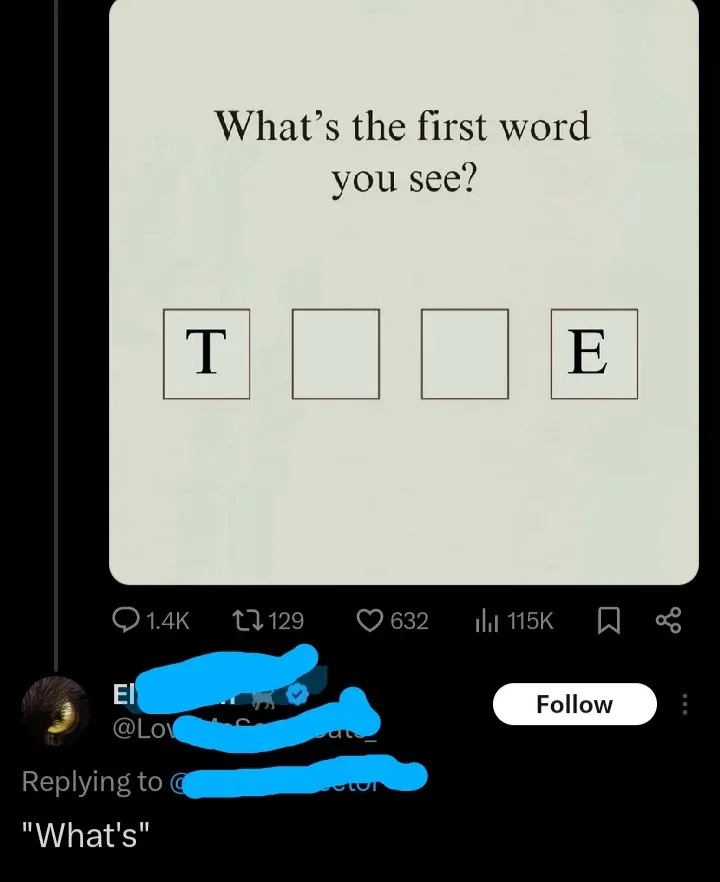 Text-based puzzle asking for the first word seen, with letters "T" and "E" shown. Reactions and comments are visible beneath