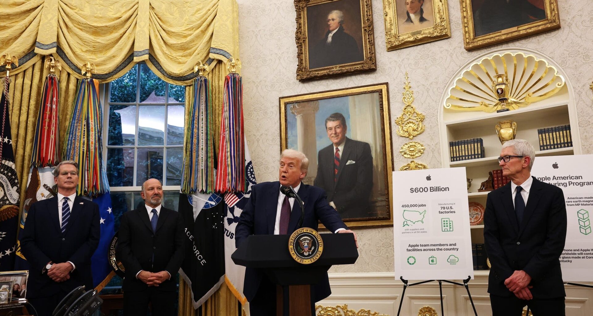 President Trump announces his plan to put a 100% tariff on semiconductors made outside of the U.S. in the Oval Office.