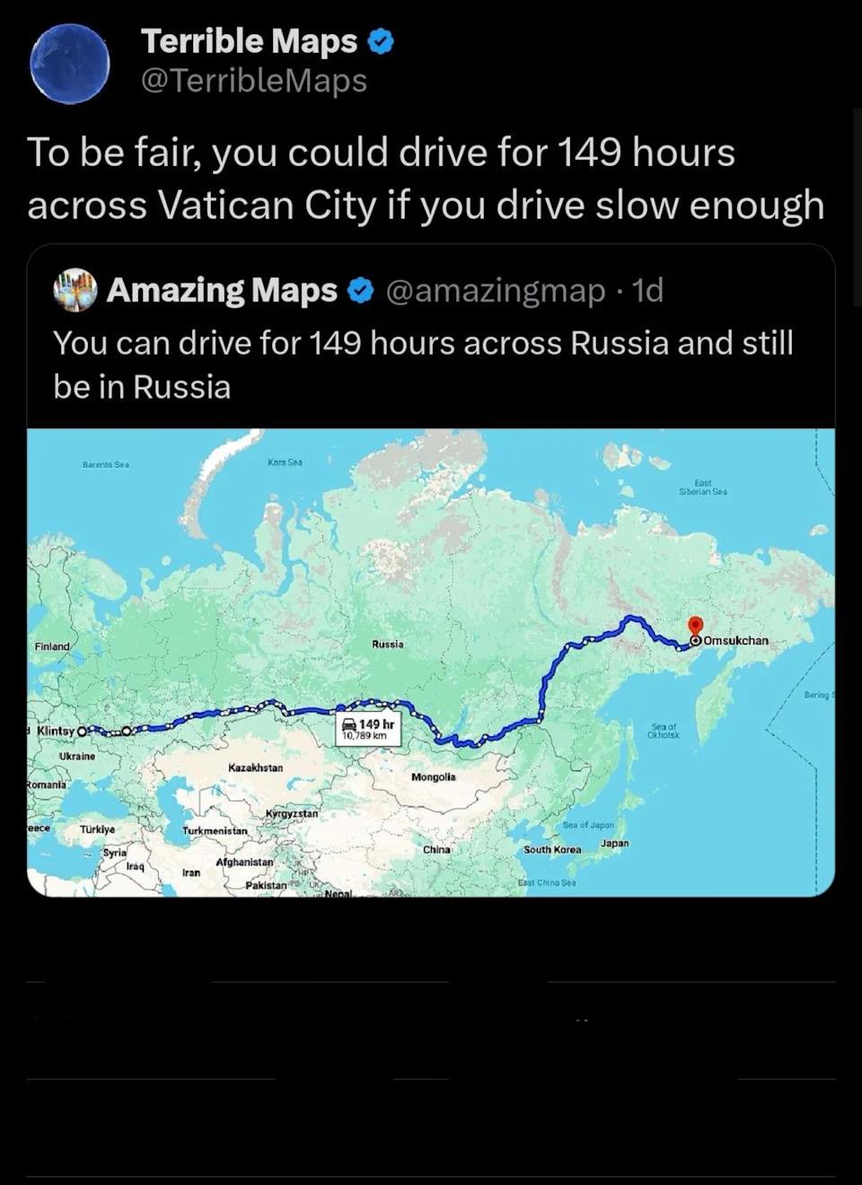 Map showing a travel route across Russia for 149 hours at slow speed, compared to Vatican City driving time