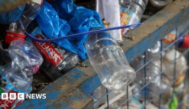 A blue metal gridded bin is stuffed full of plastic bottles of different colours. At the top of the bin a clear plastic bottle hangs over the side of the bin, on top of it is blue plastic and a blue cable tie