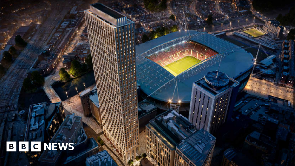 Visualisation of the 50-storey planned proposal in Central Sqaure, Cardiff city centre. A large sky scraper can be seen glowing next to the Principality stadium.