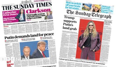 The headline on the front page of The Sunday Times reads: "Putin demands land for peace".