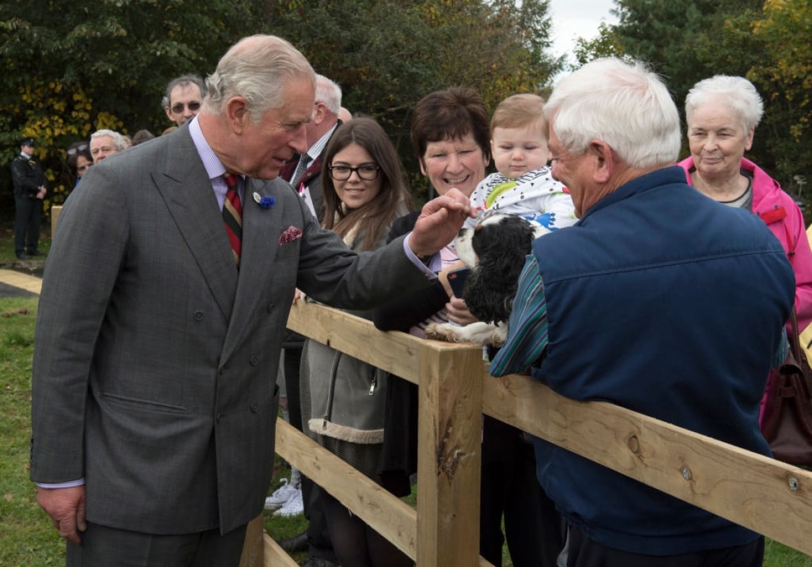 A person greets people leaning against a fence. One of them is holding a dog.