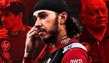 Composite image of Leclerc, Hamilton and Vasseur all in Ferrari kit with a red background