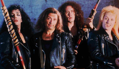 Spoof metal band Bad News posing for a photograph in the 1980s
