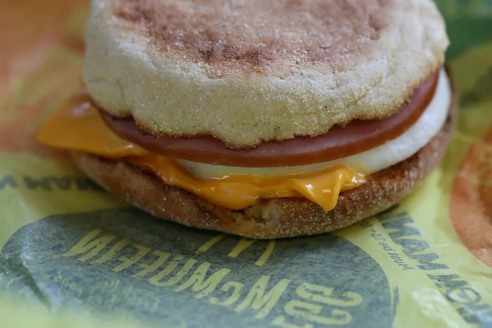 FAIRFIELD, CA - JULY 23:  A McDonald's Egg McMuffin is displayed at a McDonald's restaurant on July 23, 2015 in Fairfield, California.  McDonald's has been testing all-day breakfast menus at select locations in the U.S. and could offer it at all locations as early as October.  (Photo illustration by Justin Sullivan/Getty Images)