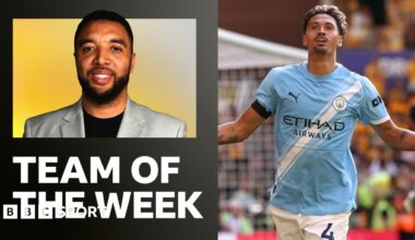 Graphic showing Troy Deeney's team of the week in a 4-3-3 formation