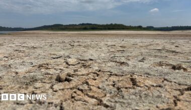 Carsington Water reservoir is pictured and is dry and cracking