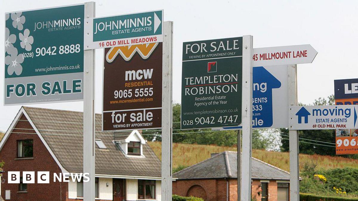 A row of 'For Sale' signs in front of two houses.