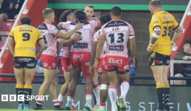 Leigh Leopards playing against Castleford Tigers in Super League rugby