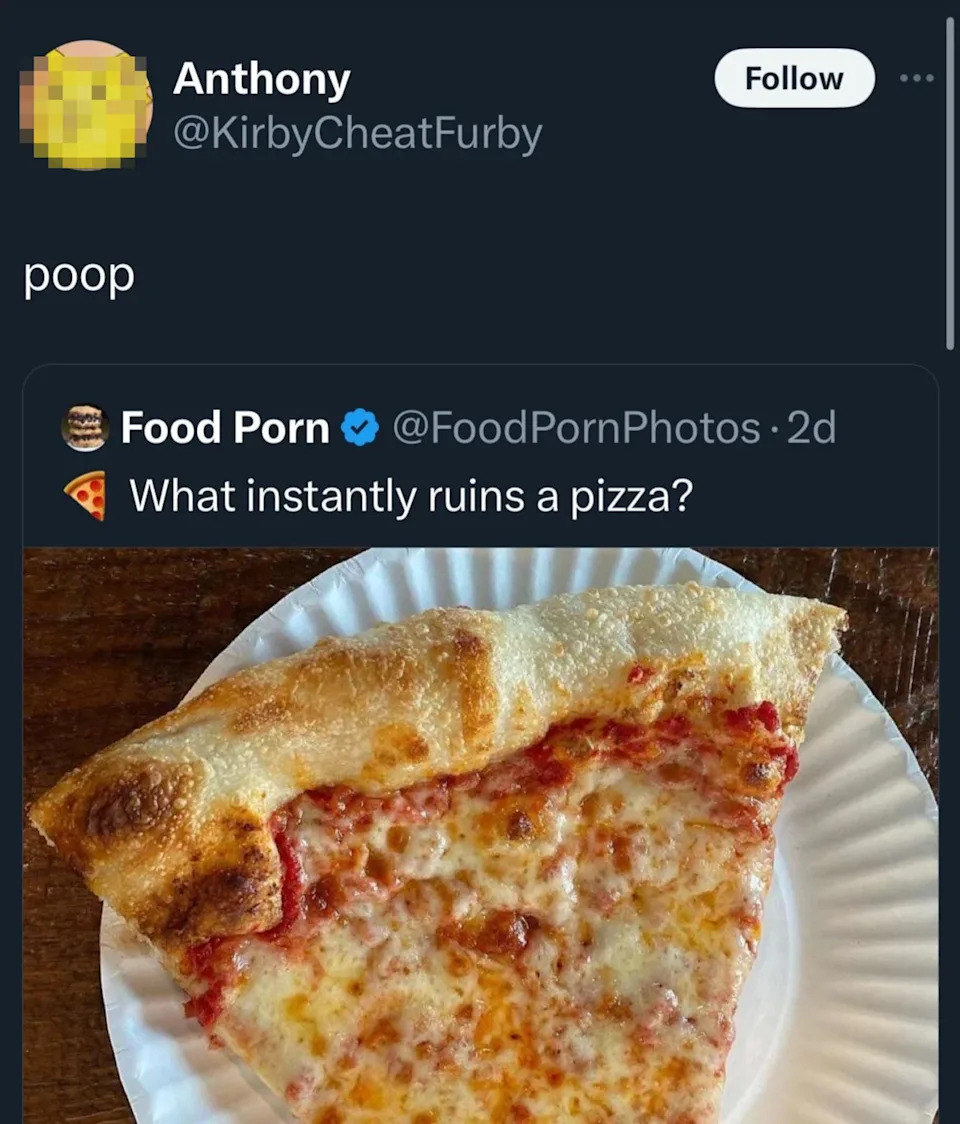 Tweet questioning what ruins a pizza, with a reply showing a slice on a paper plate labeled "poop."