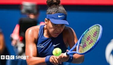 Naomi Osaka hits a ball in Montreal