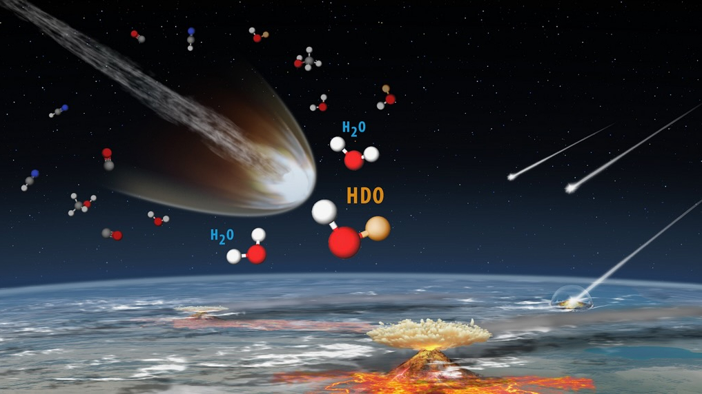 artisti's illustration showing multiple comets hitting earth, with stylized water molecules floating in the atmosphere around them
