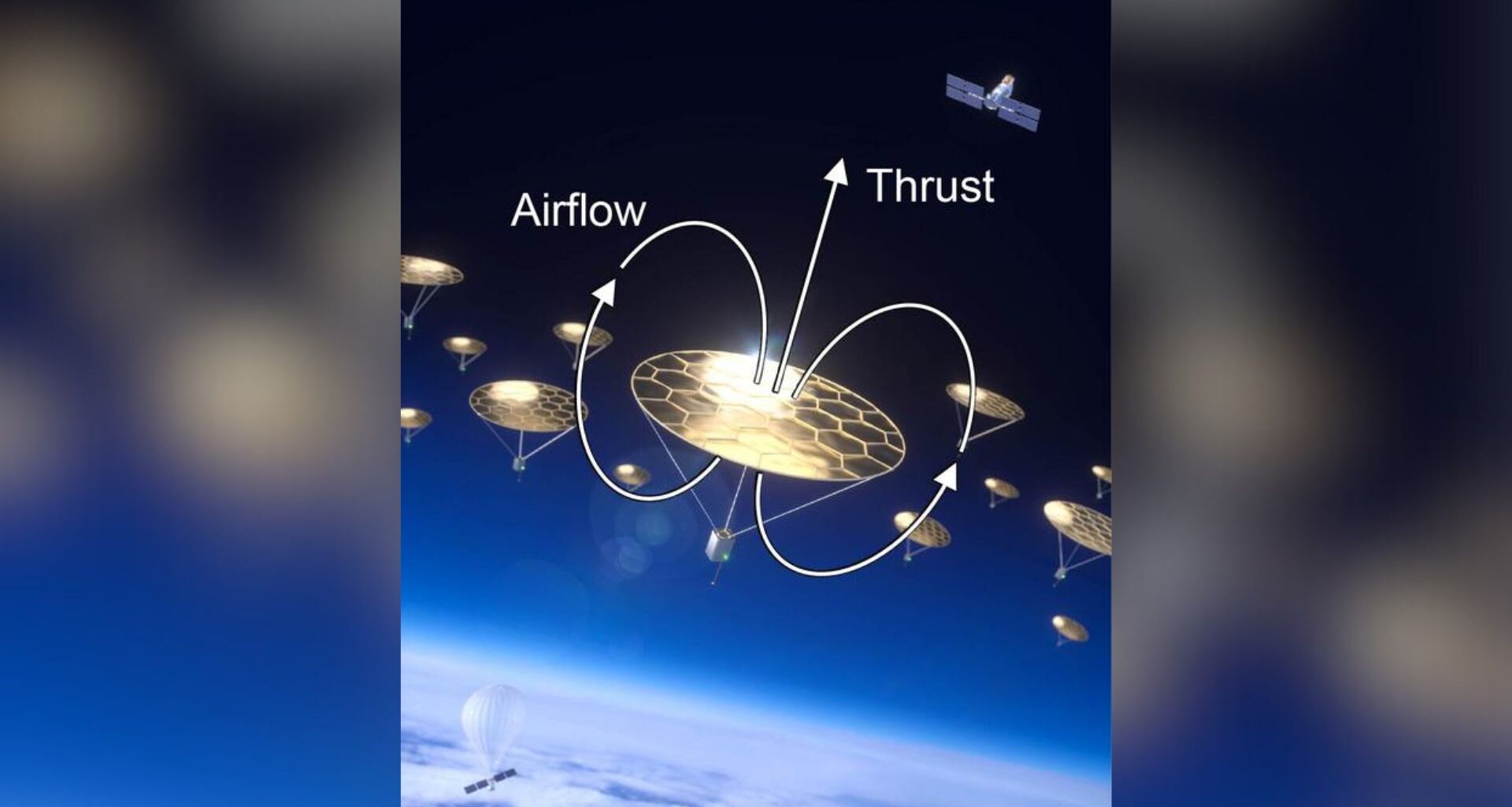 A golden disk with arrows circling it and pointing up show the airflow and thrust of the device which hovers above Earth
