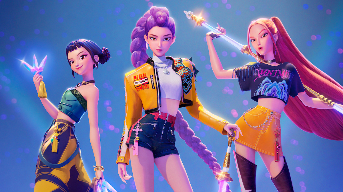 Animated still of three glamorous women holding weapons in 'KPOP Demon Hunters'